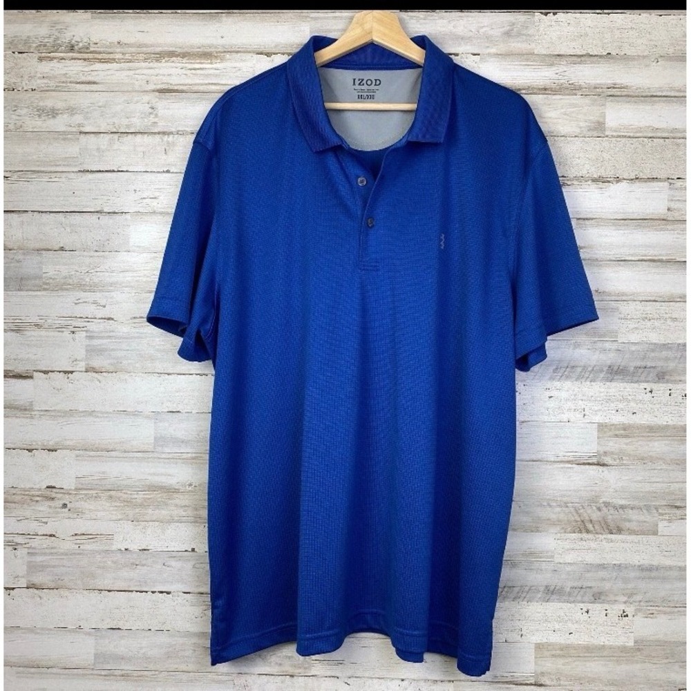 IZOD Polo Shirt Men XXL Blue Textured Check Window Pane Short Sleeve Golf Preppy